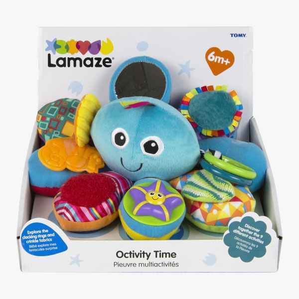 Colorful plush octopus toy with textured legs, mirror, and rings in a white Lamaze branded display box.