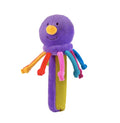 Purple plush octopus baby toy with a smiling face, colorful dangling legs, and a purple and green textured handle.