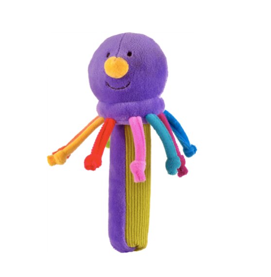 Purple plush octopus baby toy with a smiling face, colorful dangling legs, and a purple and green textured handle.
