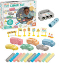 29-piece chalk set including colorful vehicle-shaped chalk, sticks, street signs, traffic cones, and plastic holders.