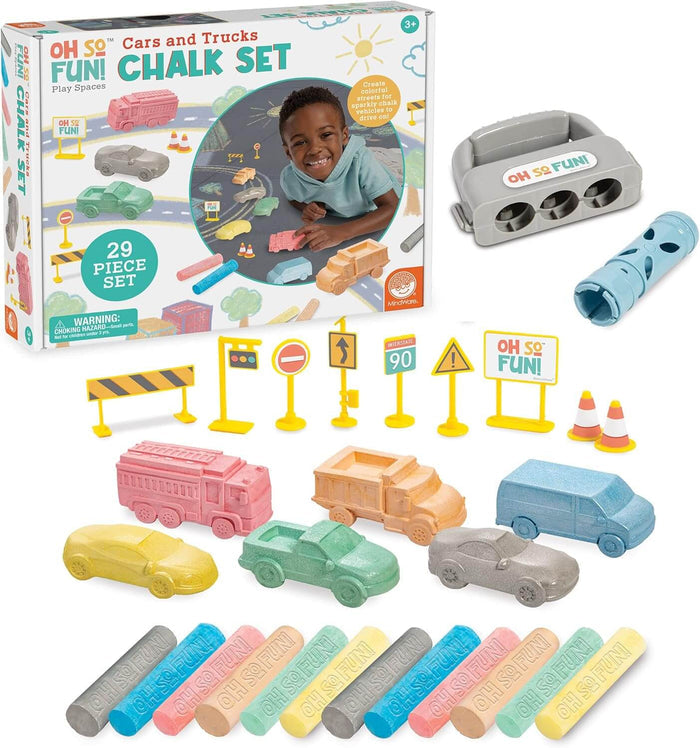 29-piece chalk set including colorful vehicle-shaped chalk, sticks, street signs, traffic cones, and plastic holders.