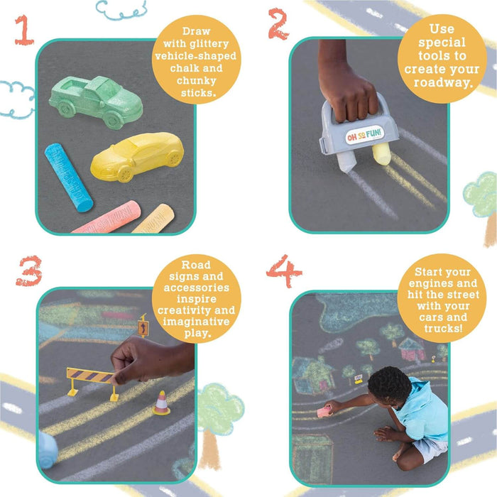 Four panels showing car-shaped chalk, a double-line drawing tool, and a child creating a colorful chalk roadway.