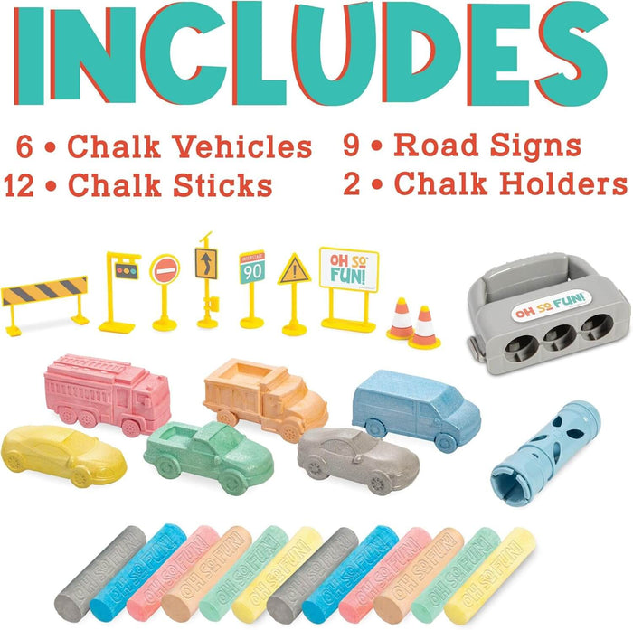 Set with 6 vehicle-shaped chalks, 12 colorful chalk sticks, 9 yellow road signs, and 2 chalk holders.