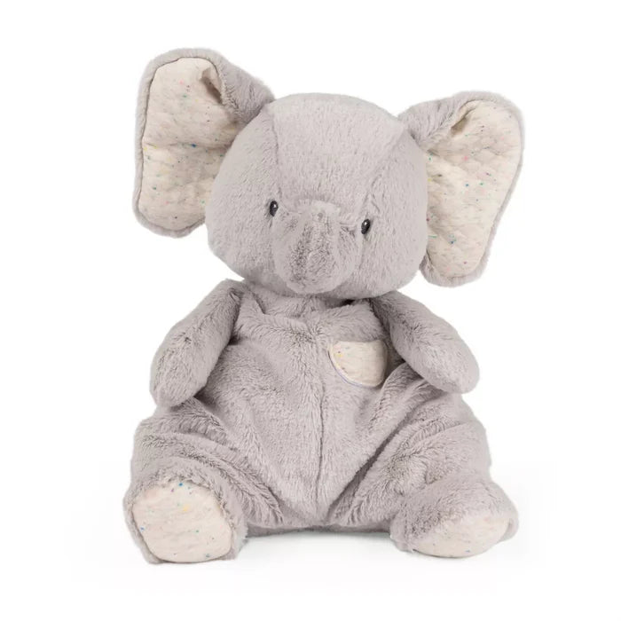 Soft grey plush elephant with colorful speckled fabric on its large ears, chest pocket, and feet.