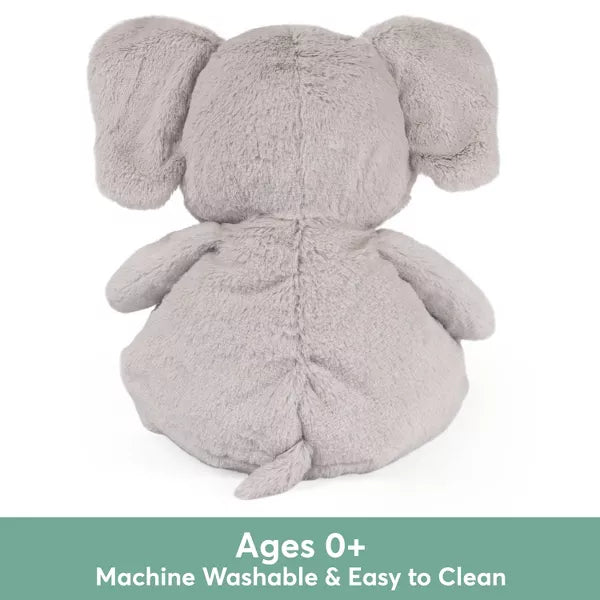 Back view of a fuzzy gray plush elephant with large ears and a tail. Ages 0+, Machine Washable & Easy to Clean.