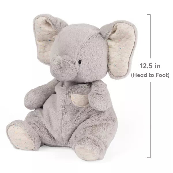 Soft grey plush elephant sitting with patterned ears and belly. Height guide shows it is 12.5 inches tall.