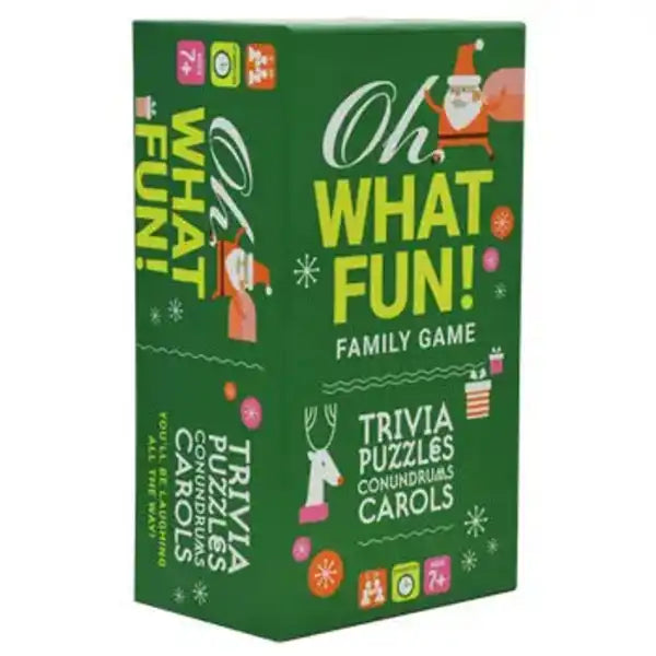 Green game box for Oh What Fun! with Santa and reindeer art, featuring trivia, puzzles, conundrums, and carols.