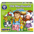 Green box for Old MacDonald Lotto featuring a cartoon farmer, dog, cow, pig, sheep, and a red tractor.