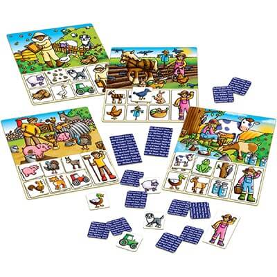 Four colorful farm-themed lotto boards and matching square tiles with cartoon animals and farm life illustrations.