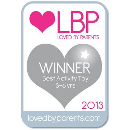 Loved By Parents LBP 2013 award seal for Best Activity Toy 3-6 yrs, featuring pink and grey hearts.