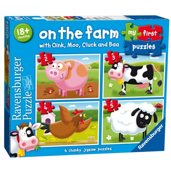 Blue Ravensburger box featuring four farm animal jigsaw puzzles: a pink pig, spotted cow, brown hen, and fluffy white sheep.