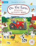 Colorful sticker book cover showing a farmer on a red tractor and illustrated farm animals in a green field.