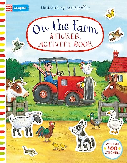 Colorful sticker book cover showing a farmer on a red tractor and illustrated farm animals in a green field.