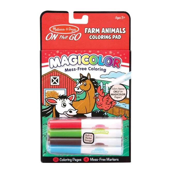Red Farm Animals coloring pad with cow and horse art, including four mess-free markers in clear plastic storage.