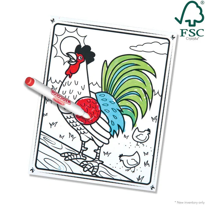 A rooster coloring page being colored with a white marker, showing green tail feathers, red accents, and farm details.