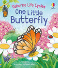 Vibrant children's book cover showing a monarch butterfly on a daisy, with a chrysalis and caterpillar among pink flowers.