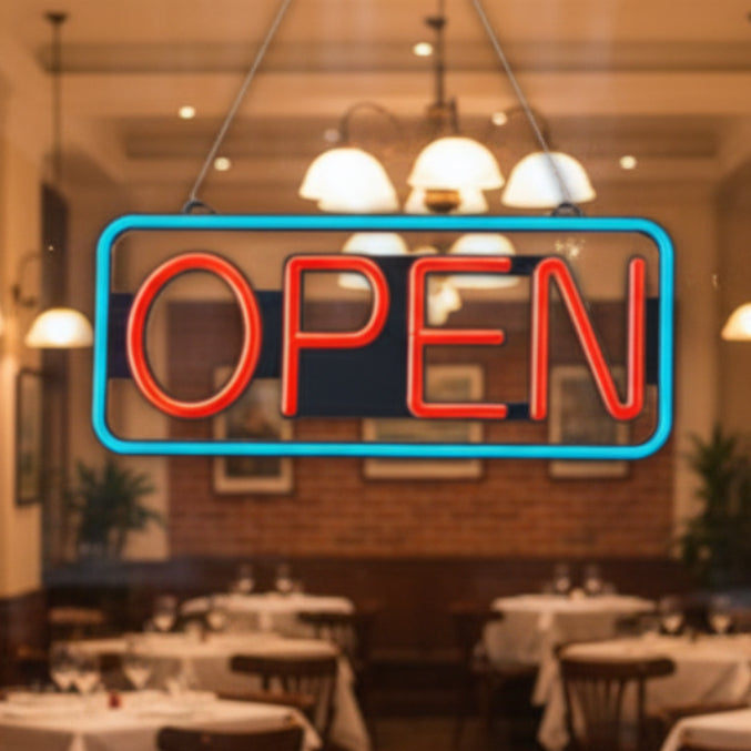 Neon LED flashing OPEN sign with remote control from dealonline.co.nz, 55cm size, bright and eye-catching for business display.