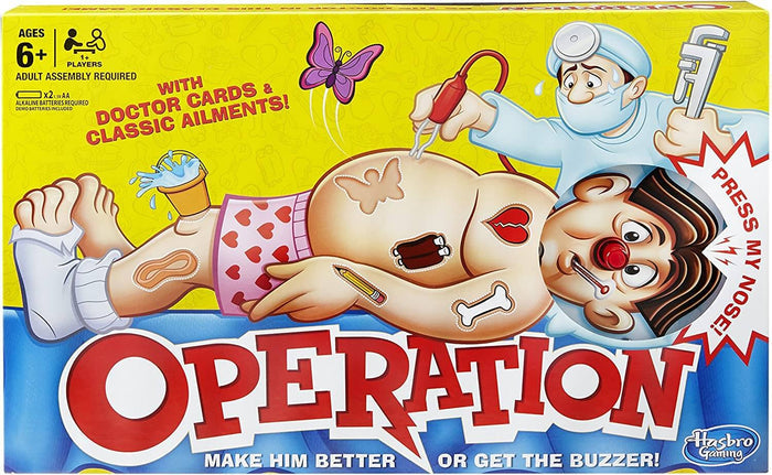 Hasbro Operation game box with a cartoon doctor and a patient with a red nose and ailments on a yellow background.