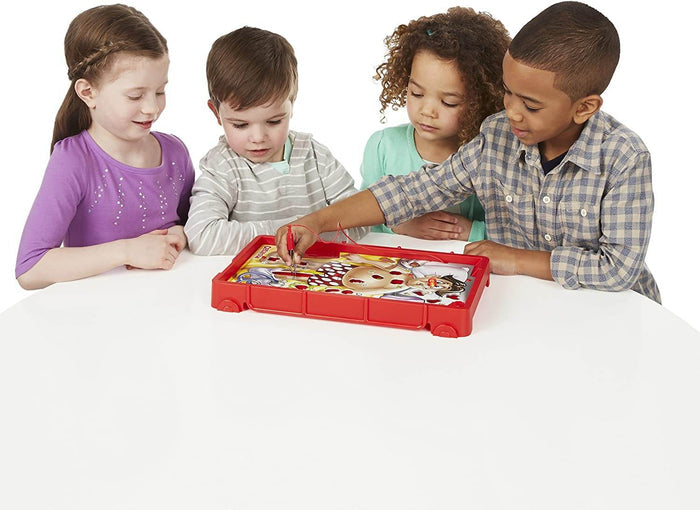 Four children play a classic red surgery board game with tweezers on a white table.