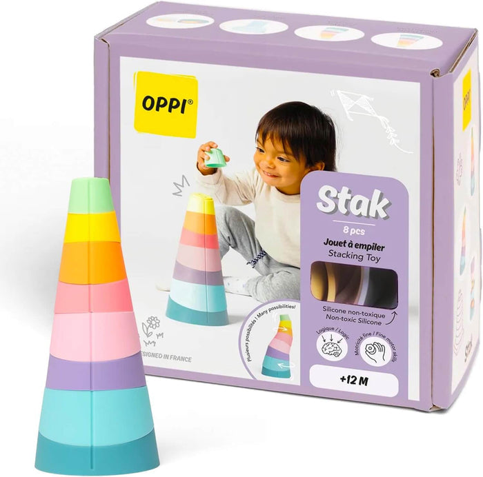 8-piece tapered rainbow silicone stacking toy next to its purple packaging featuring a child playing.