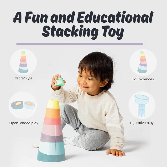 Toddler stacks a pastel cone toy. Graphic icons illustrate nesting, balancing, and water play features.