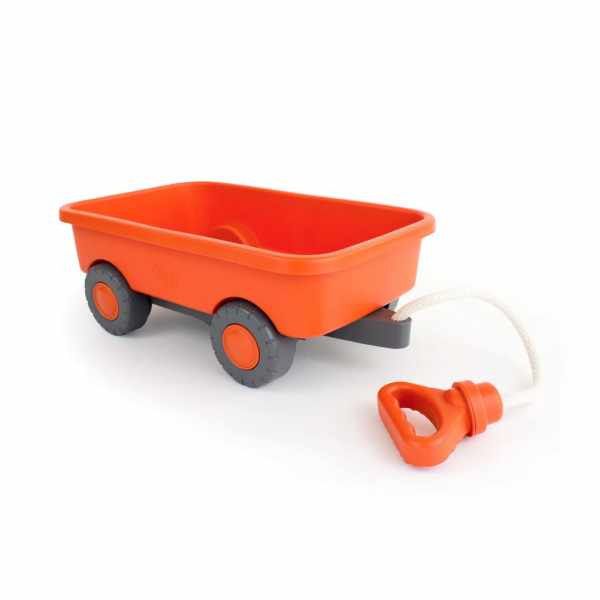 Orange toy wagon with chunky grey wheels and a white rope pull handle, against a plain white background.