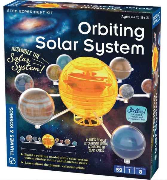 Toy box for a mechanical solar system kit with a translucent yellow sun and colorful orbiting planets on silver arms.