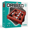 Orbito board game box featuring a red square board with black and white marbles on a teal and white background.
