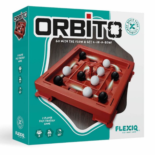 Orbito board game box featuring a red square board with black and white marbles on a teal and white background.