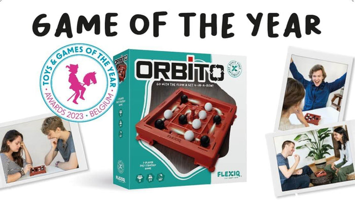 Teal Orbito game box with a red marble board, Belgian award seal, and lifestyle photos of people playing.