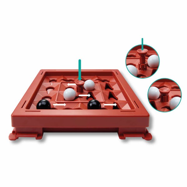 Red square board game with black and white marbles and arrows showing pieces shifting when a center button is pressed.