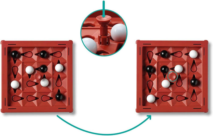 Red square board game with black and white marbles shifting along tracks when a central button is pressed.