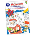 Advent activity book with illustrations of Santa Claus, a snowman, dot-to-dot puzzles, and colored pencils.