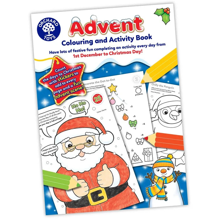 Advent activity book with illustrations of Santa Claus, a snowman, dot-to-dot puzzles, and colored pencils.