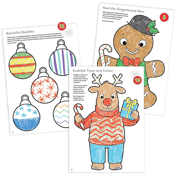 Three advent coloring pages featuring a gingerbread man, Rudolph in a sweater, and various patterned Christmas baubles.