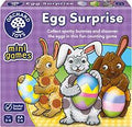 Purple box for Egg Surprise game featuring three illustrated bunnies holding large, colorful patterned Easter eggs.