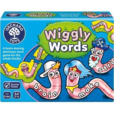 Blue box featuring pink cartoon worms in costumes. Their domino-shaped body segments form words like brain and make.