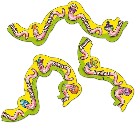 Worm-shaped puzzle pieces with letters spelling words like shake and spice, featuring cartoon worms in various hats.