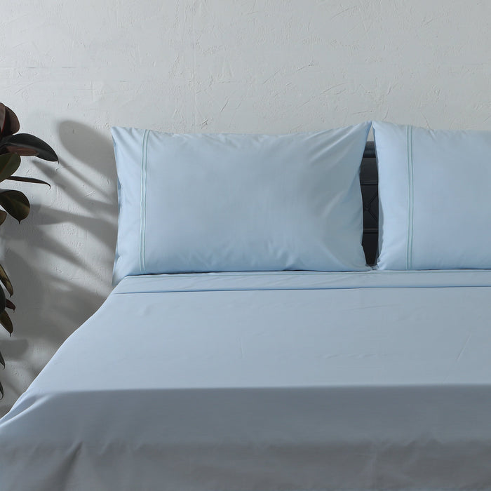 Organic cotton coloured sheet set in sky blue with 250 thread count from Whites of London NZ, includes fitted and flat sheets.
