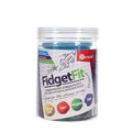Clear tub of blue Fidget Fit stress putty with a label showing four color-coded resistance levels from soft to firm.