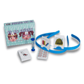 Teal game box, blue headbands with picture cards, decks of cards, and a blue sand timer for an Irish language game.
