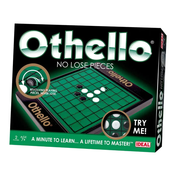 Black Othello box featuring a green board with built-in rotatable black and white discs and a circular Try Me window.