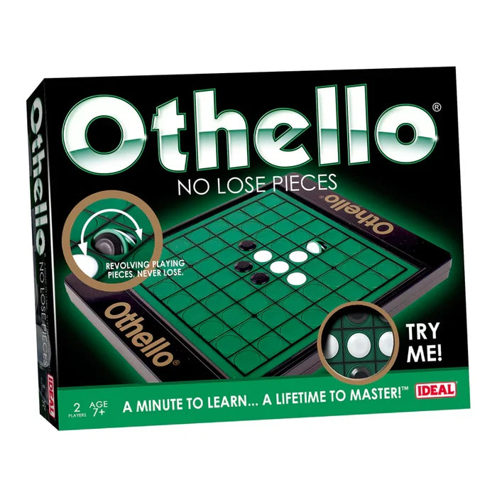 Othello board game box featuring a green grid with built-in revolving black and white discs and No Lose Pieces text.