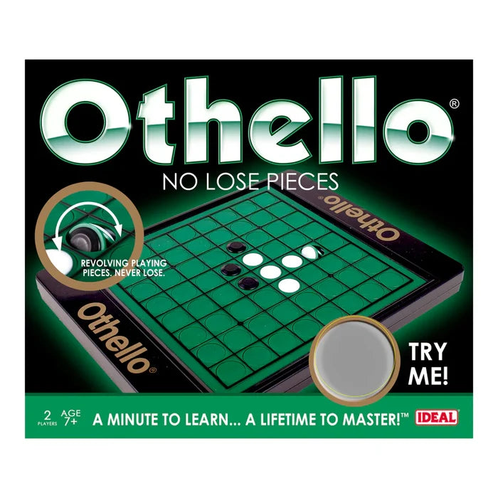 Black game box featuring a green grid board with built-in, rotating black and white pieces and silver metallic text.