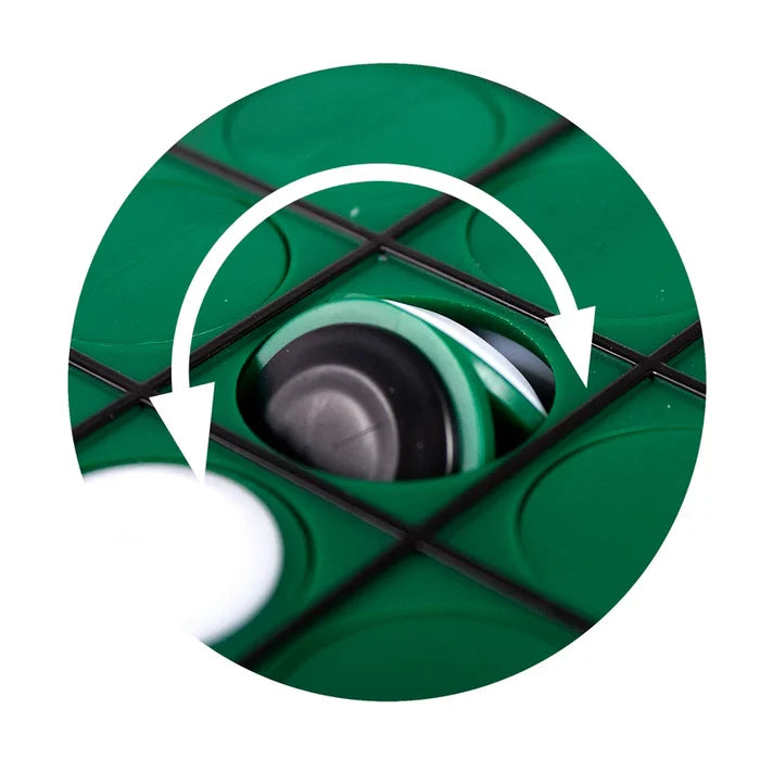 Close-up of a green Othello board with a built-in piece flipping from black to white, shown with a curved white arrow.