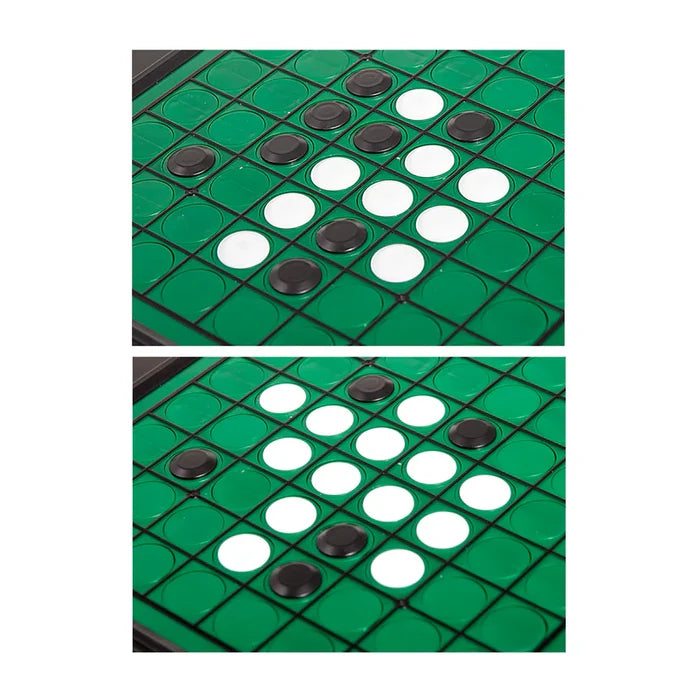 Green Othello board with integrated, rotatable circular pieces that flip between black and white sides.