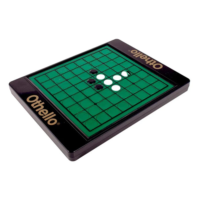 Portable black Othello board with a green grid and built-in rotating black and white pieces.