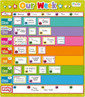 Colorful magnetic family wall planner with rows for days, activity tiles, and icons for each family member.