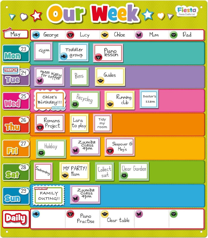 Colorful magnetic family wall planner with rows for days, activity tiles, and icons for each family member.