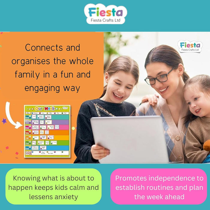 A colorful Our Week magnetic planner shown beside a smiling mother and two daughters looking at a laptop.